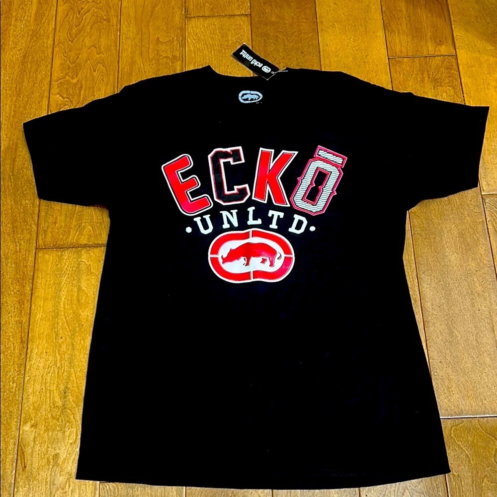 🦏Ecko Unlimited Graphic Rhino Black Tee Red & White Accent Large NWT 100% Cotton